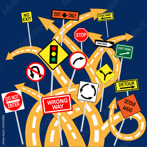 Tangled road with confusing signs