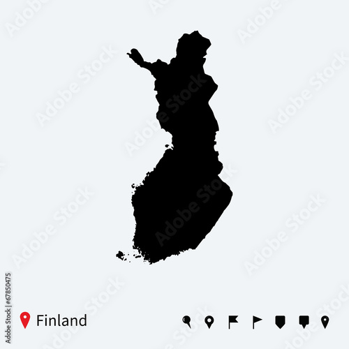 High detailed vector map of Finland with navigation pins.