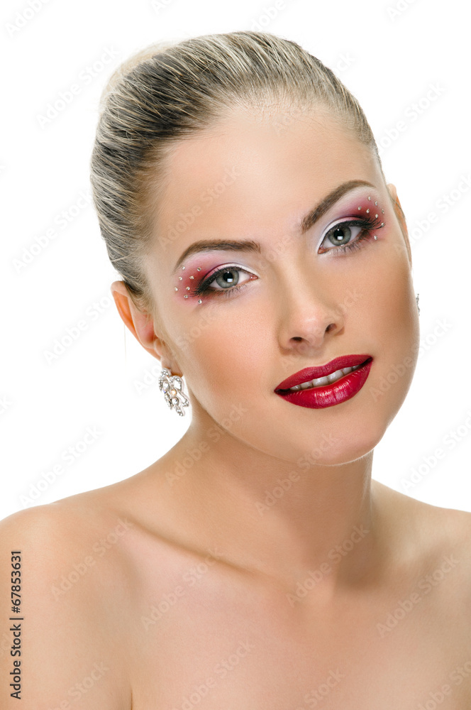 Model face, lips make-up, earring Model face, lips make-up, earring