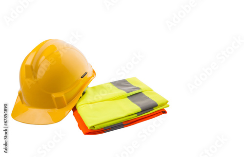 Yellow hard hat and orange and yellow reflective best over white