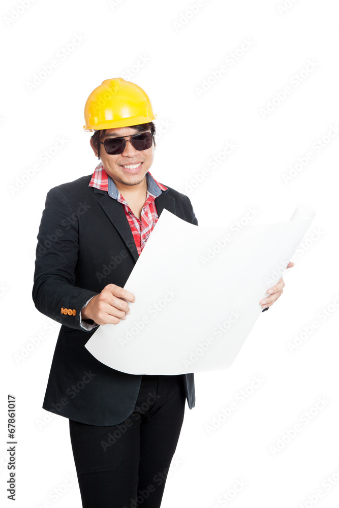 Asian engineer man hold blueprint and smile Asian engineer man hold blueprint and smile