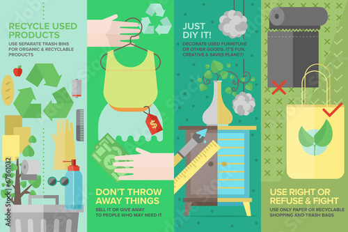 Re-used and recyclable products flat icons set