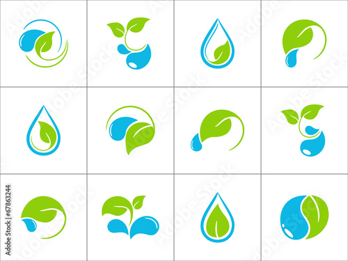 Icons with green leaves and water drops for ecological design