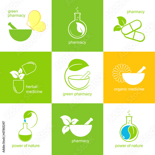 Set of icons and emblems for pharmacy and herbal medicine