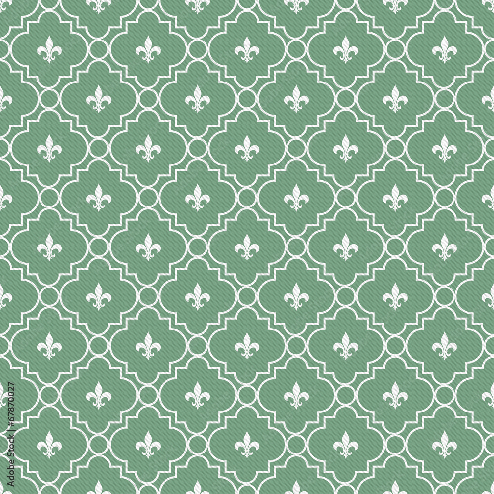 White and Green Fleur-De-Lis Pattern Textured Fabric Background