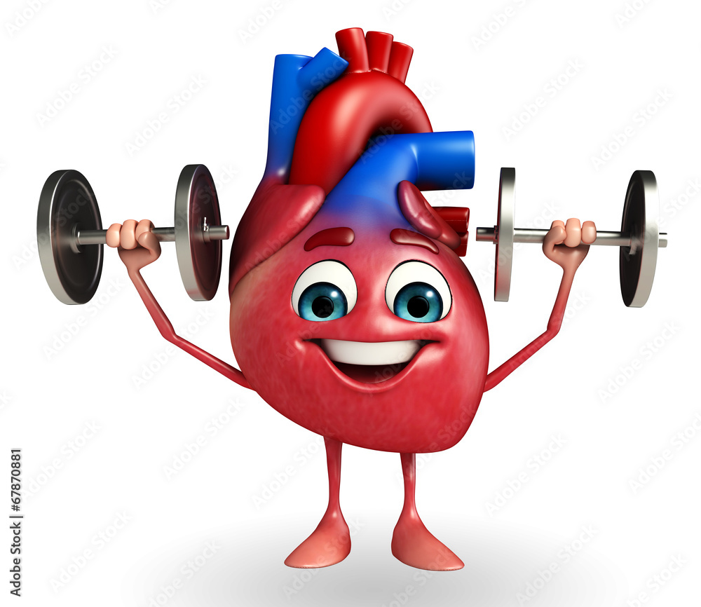 Heart character with dumbbells Heart character with dumbbells