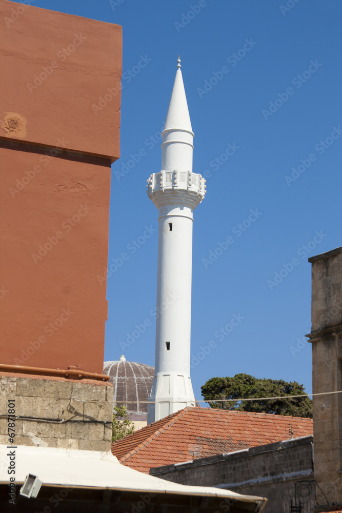 Old minaret of Turkish mosque in Rhodes, Greece