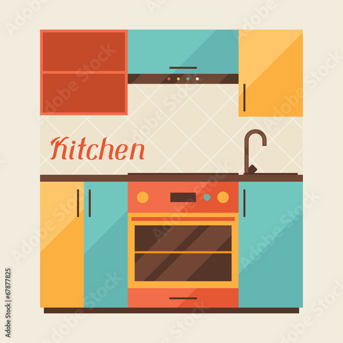 Card with kitchen interior in retro style.