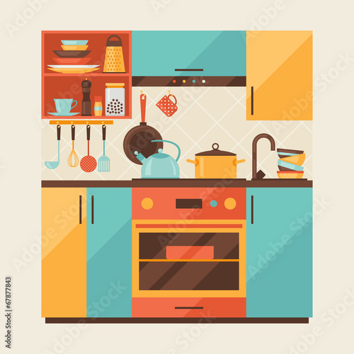 Card with kitchen interior and cooking utensils in retro style.