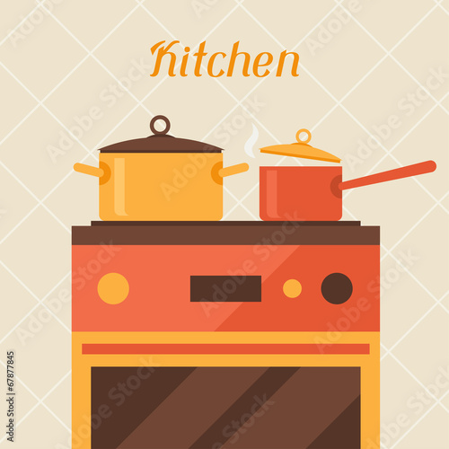 Card with kitchen oven and cooking utensils in retro style.