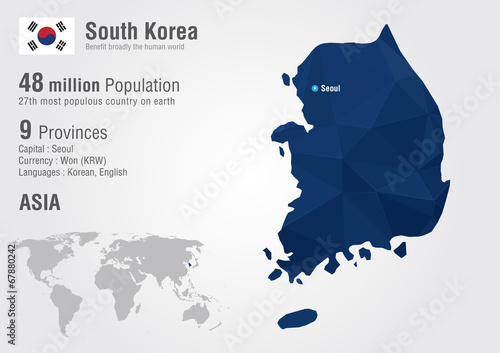 Photo South Korea world map with a pixel diamond texture.