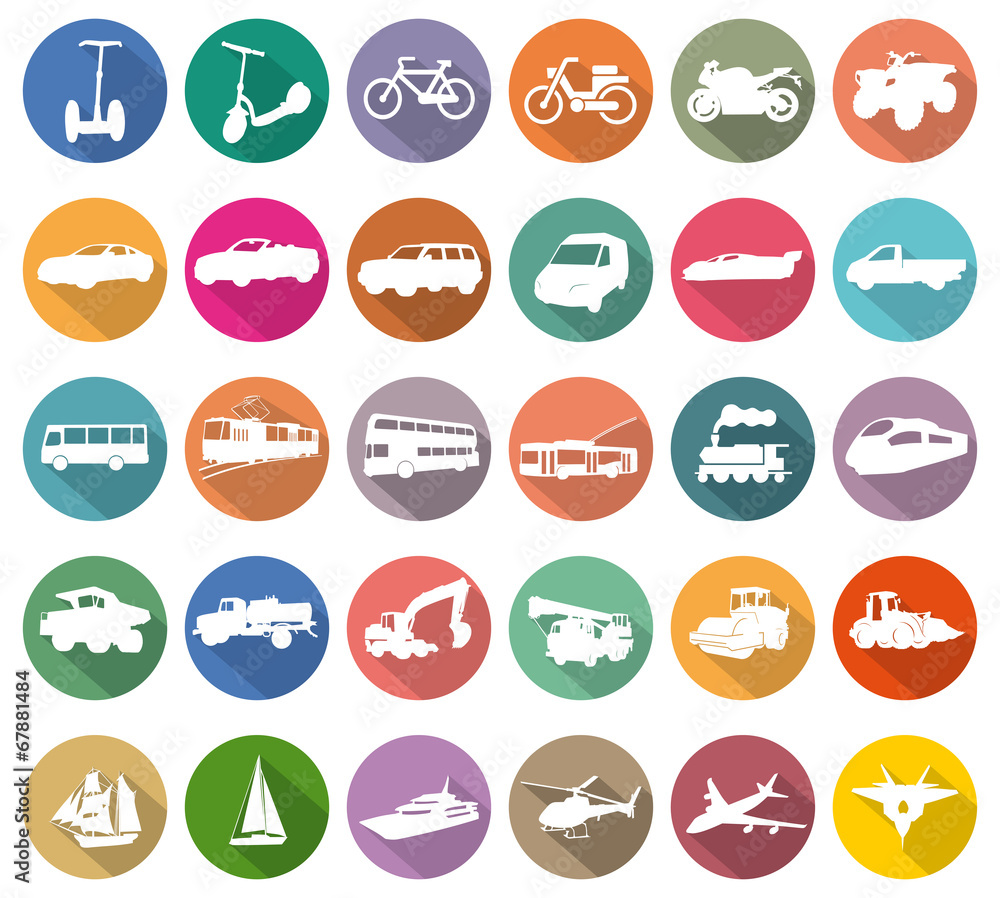 transport white icons in colored circles