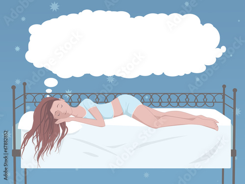 Woman sleeping in a bed, cloud dreams above her head