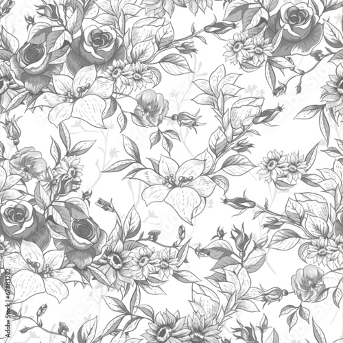 Seamless monochrome floral background with roses