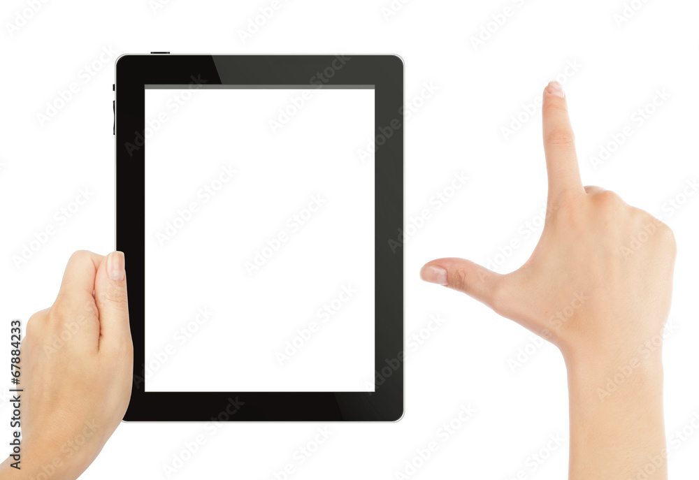 Hand holding tablet pc with touching hand. High quality and very Hand holding tablet pc with touching hand. High quality and very