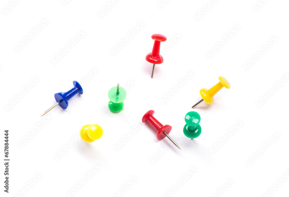 Set of push pins in different colors, with real shadows, isolate Set of push pins in different colors, with real shadows, isolate