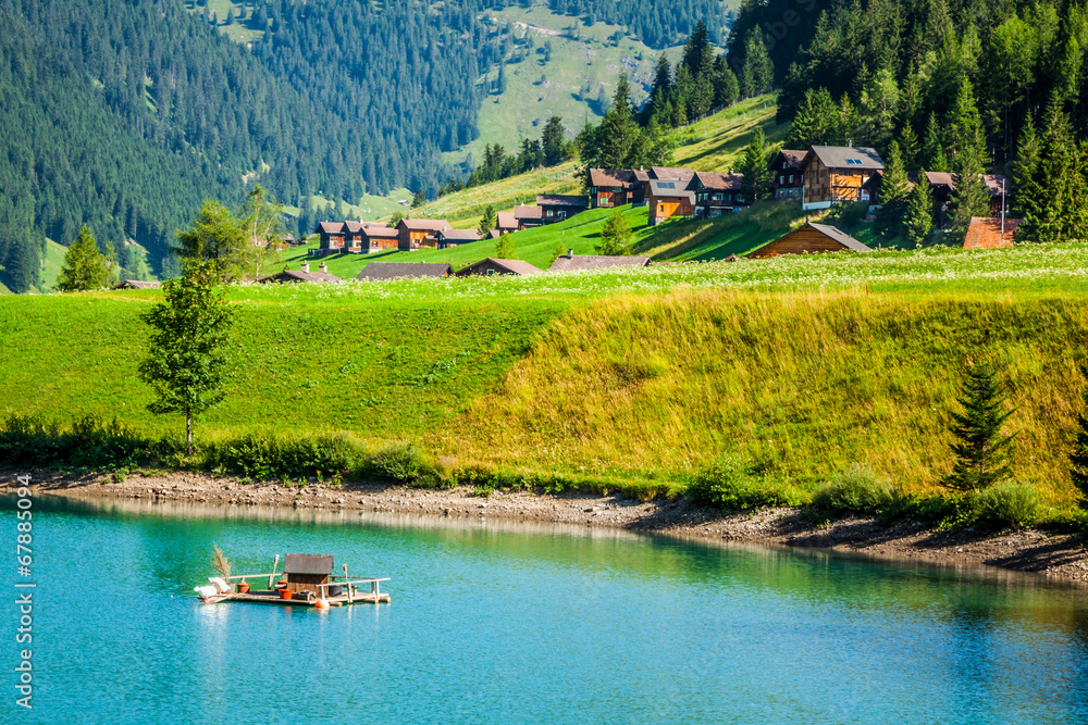 Wooden houses in Steg, Malbun, in Lichtenstein, Europe