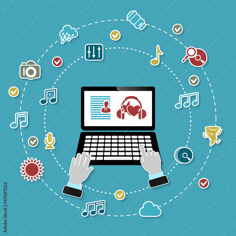 Media concept illustration with working laptop Media concept illustration with working laptop
