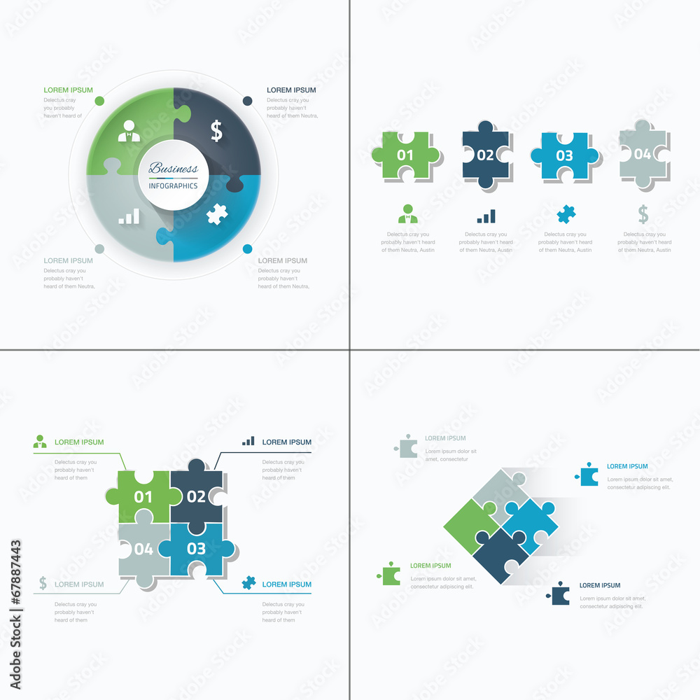 Set of puzzle pieces jigsaw business infographics concept vector - obrazy, fototapety, plakaty 