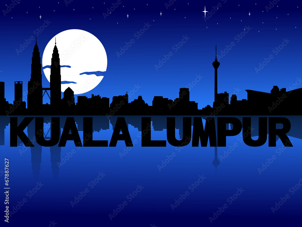 Kuala Lumpur skyline reflected with text and moon illustration