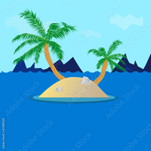 Lonely Island In the Ocean With Palm and Clouds