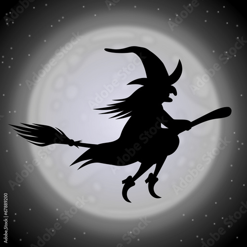 Fliegende Hexe auf einem Besen vor großem Mond