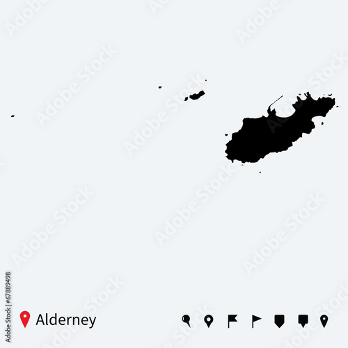 High detailed vector map of Alderney with navigation pins.