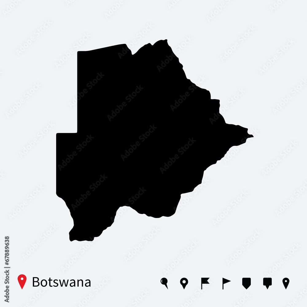 High detailed vector map of Botswana with navigation pins. High detailed vector map of Botswana with navigation pins.