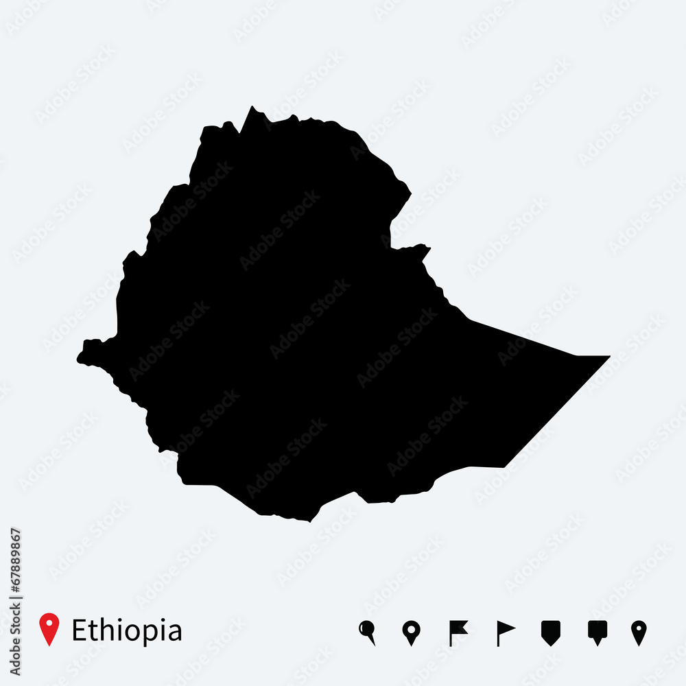 High detailed vector map of Ethiopia with navigation pins. High detailed vector map of Ethiopia with navigation pins.