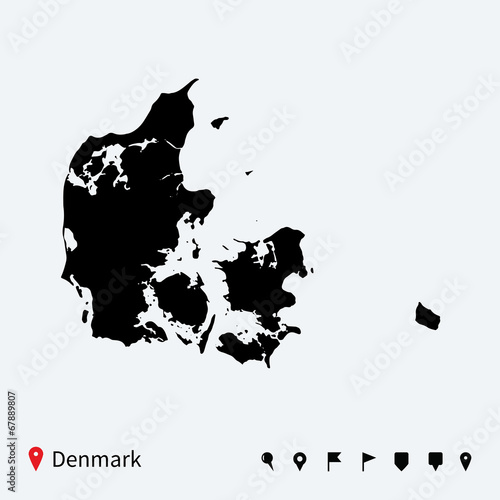 High detailed vector map of Denmark with navigation pins.