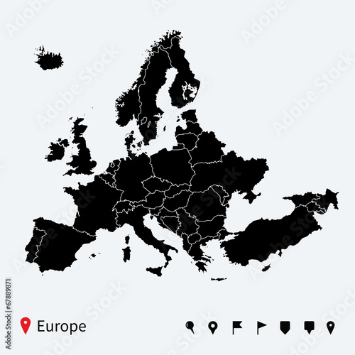 High detailed Europe Political map with navigation pins.
