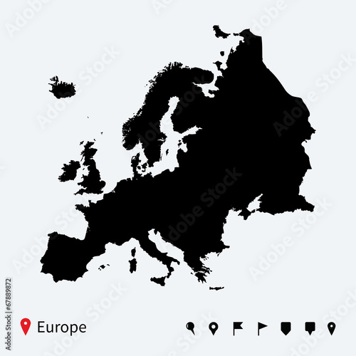 High detailed vector map of Europe with navigation pins.