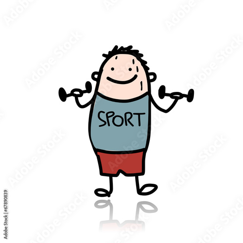 Man with dumbbells doing exercises, cartoon character