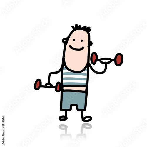 Man with dumbbells doing exercises, cartoon character