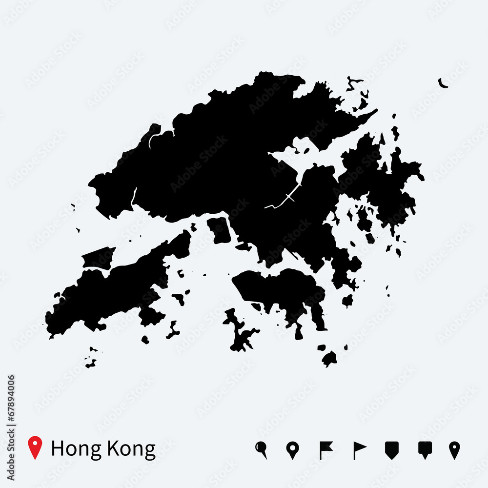 High detailed vector map of Hong Kong with navigation pins. High detailed vector map of Hong Kong with navigation pins.