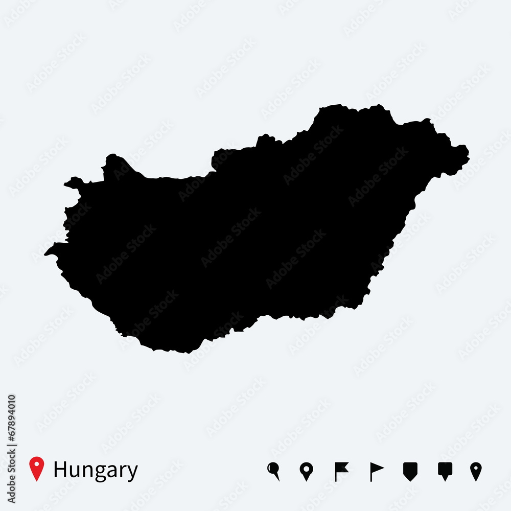 High detailed vector map of Hungary with navigation pins.