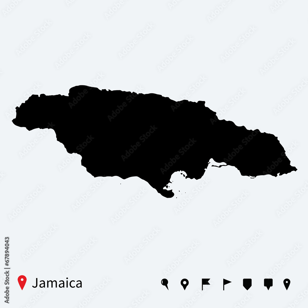 High detailed vector map of Jamaica with navigation pins.