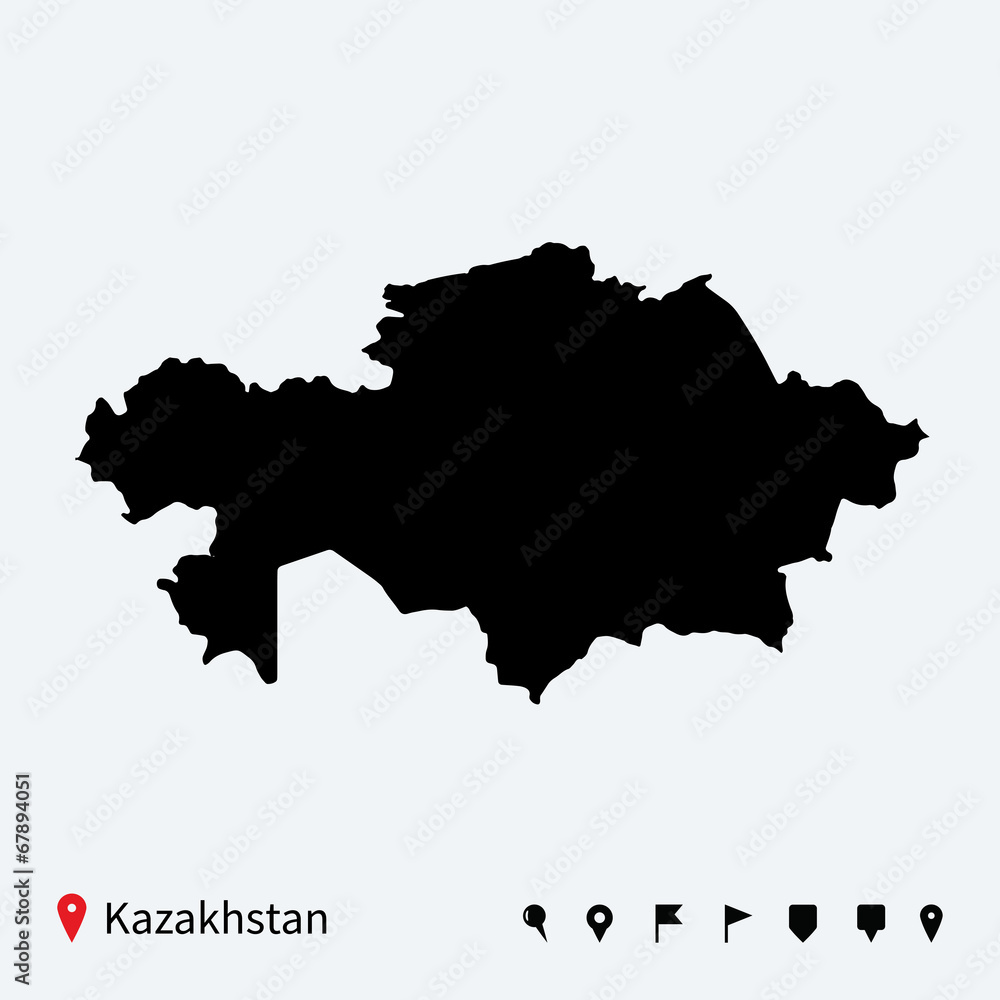 High detailed vector map of Kazakhstan with navigation pins.
