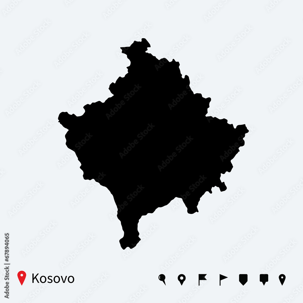 High detailed vector map of Kosovo with navigation pins.