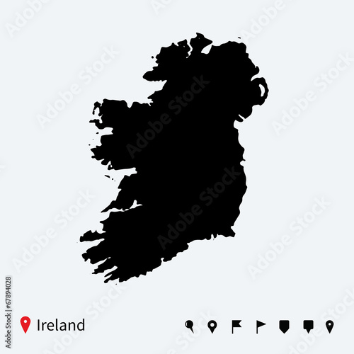 High detailed vector map of Ireland with navigation pins.