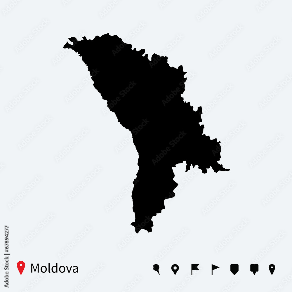 High detailed vector map of Moldova with navigation pins.