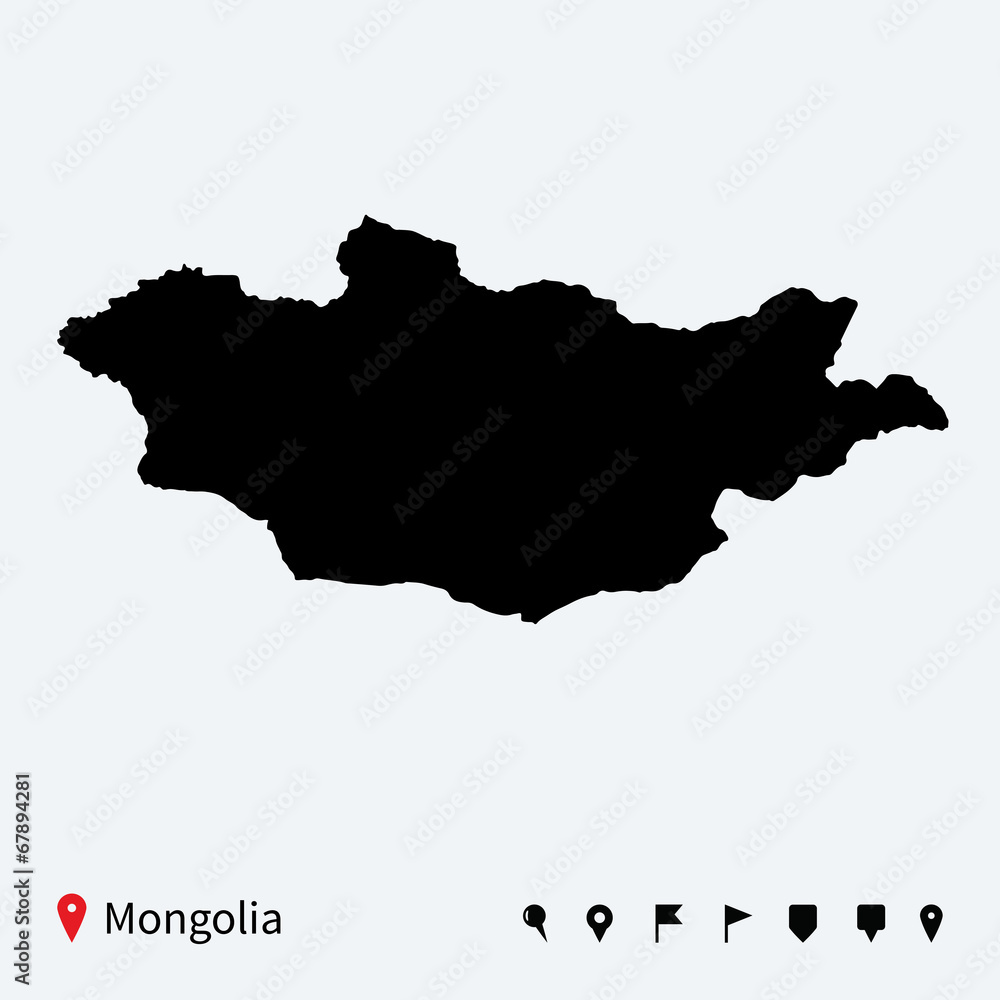 High detailed vector map of Mongolia with navigation pins.