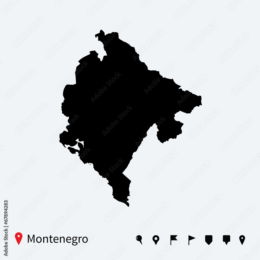 High detailed vector map of Montenegro with navigation pins.