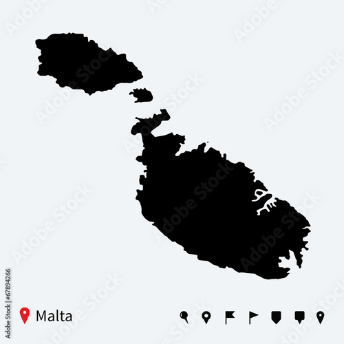 High detailed vector map of Malta with navigation pins.