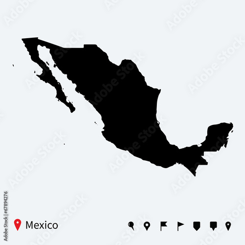 High detailed vector map of Mexico with navigation pins.