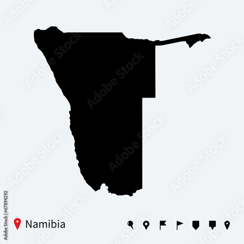 High detailed vector map of Namibia with navigation pins.