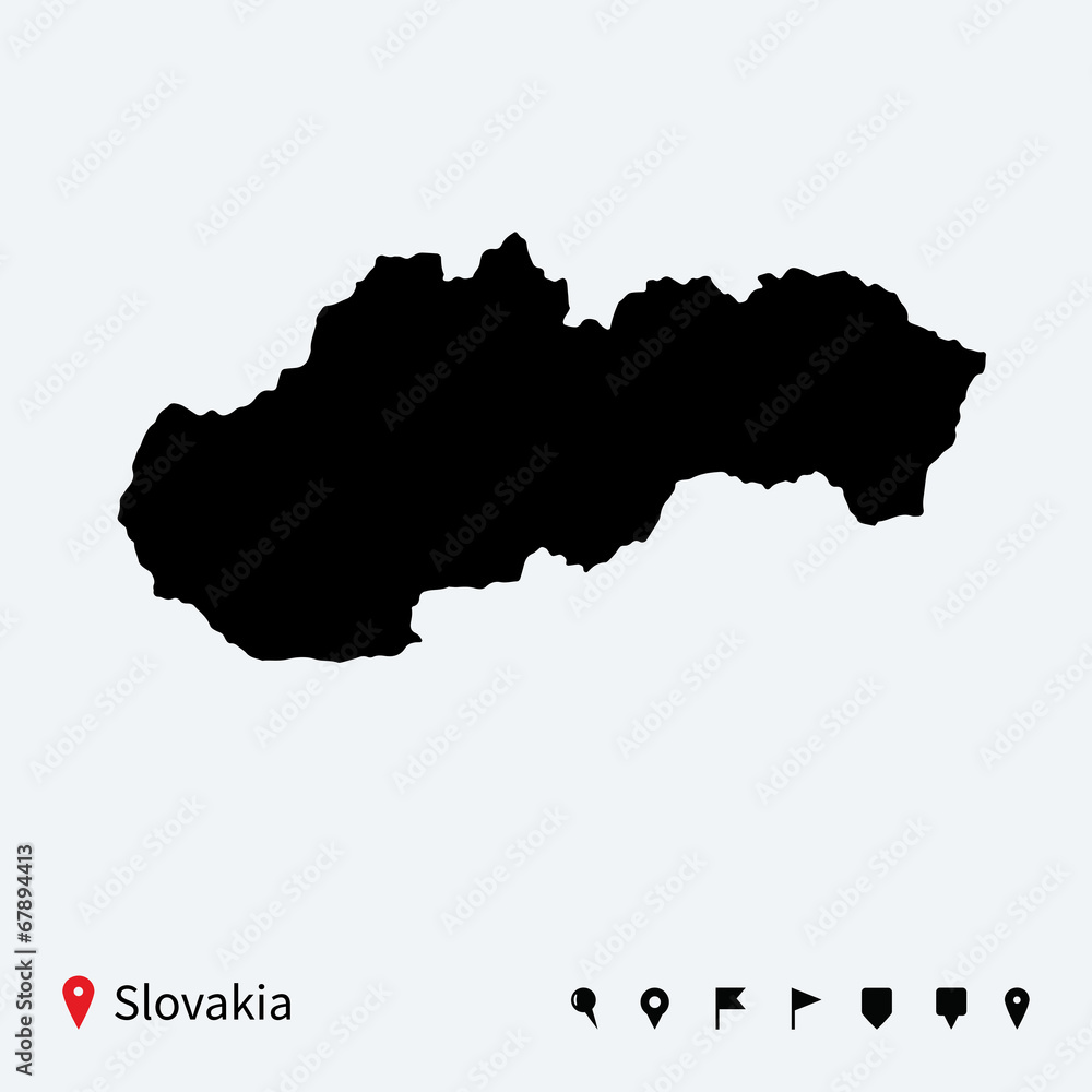 High detailed vector map of Slovakia with navigation pins.