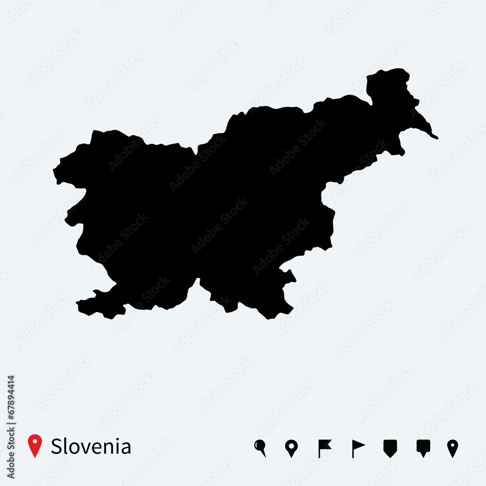 High detailed vector map of Slovenia with navigation pins.
