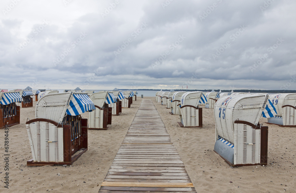 Hooded beach chairs (strandkorb) at the Baltic seacoast