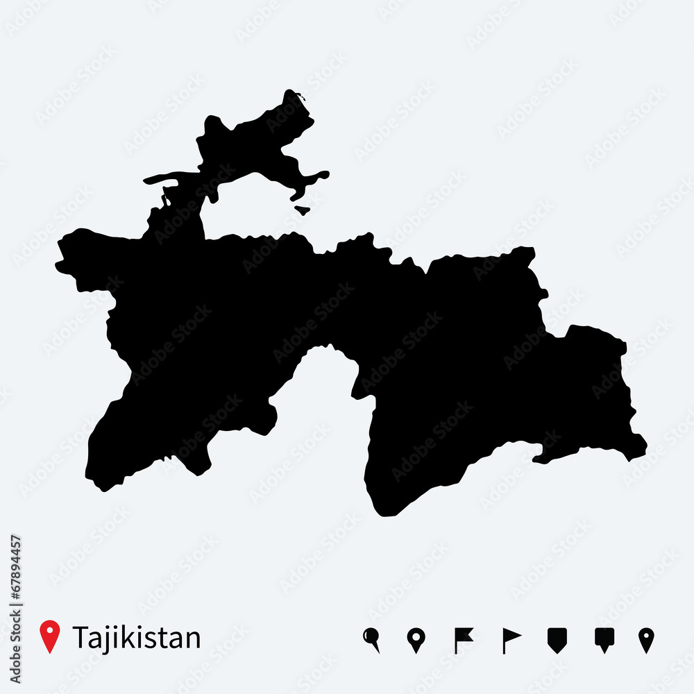 High detailed vector map of Tajikistan with navigation pins.
